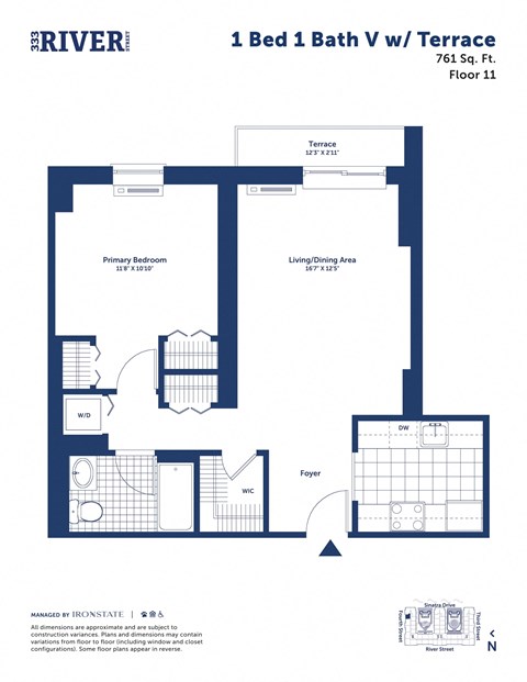 Floor plan for 1 bed, 1 bath, 761 sqft